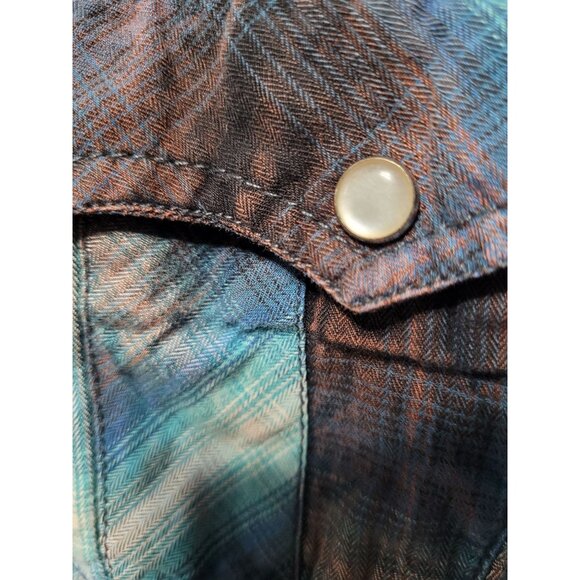 Petrol Industries Mens L Plaid Western Shirt Pearl Snap Blue Brown 100% Cotton - Picture 10 of 12